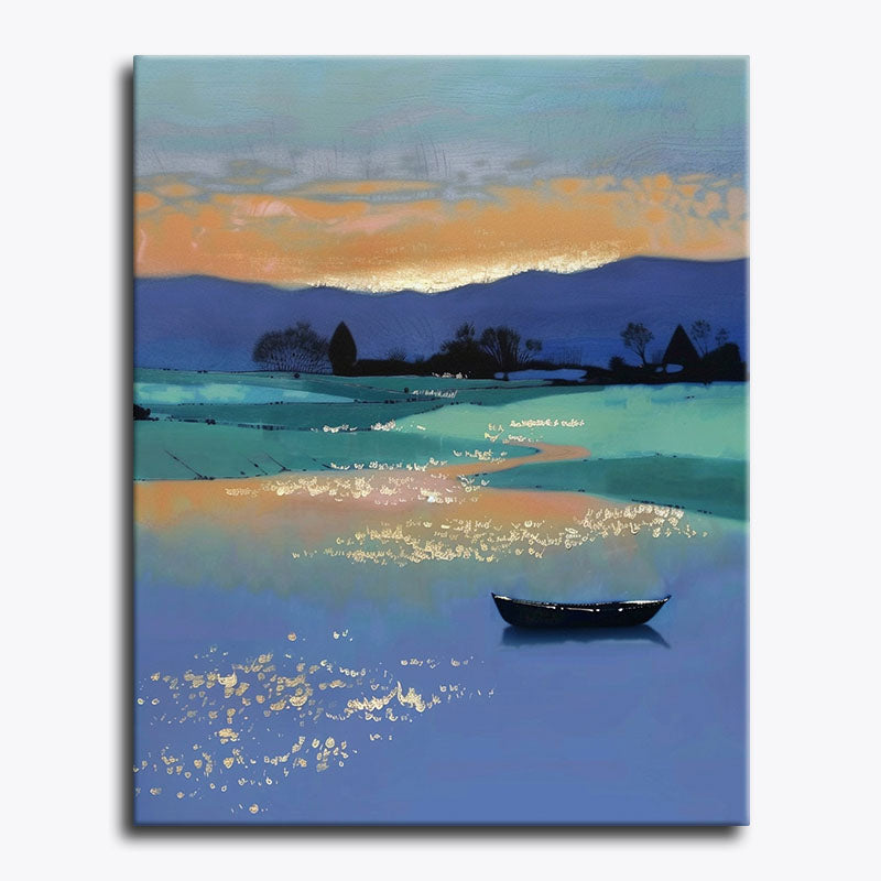 Peaceful riverside landscape with a lone boat resting on calm water at sunset – paint by numbers canvas.