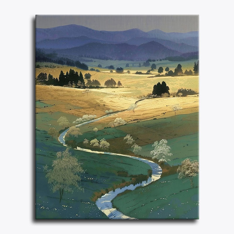 Rolling countryside landscape with a winding river flowing through golden and green fields – paint by numbers canvas.