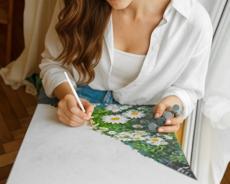 Woman painting a paint-by-numbers canvas, creating art in a calm and focused setting.