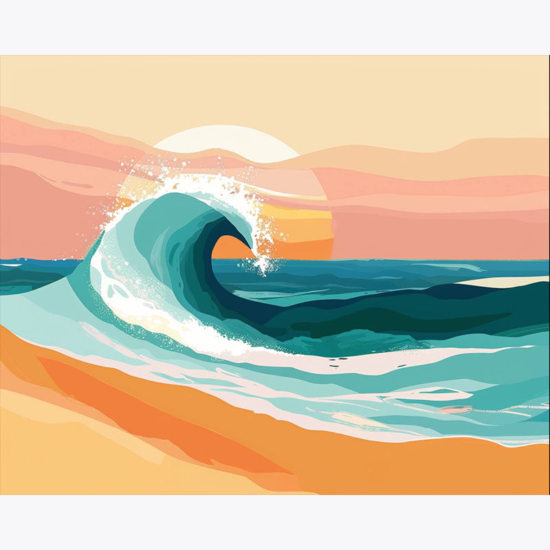 Colorful illustration of a wave crashing on a beach with a sunset in the background.