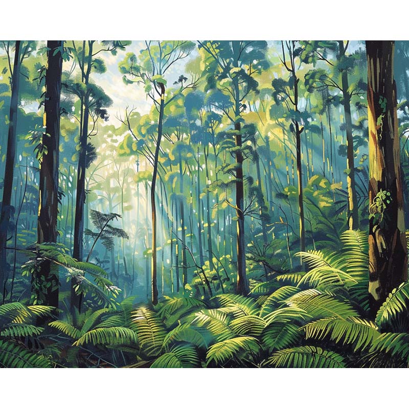 Painting of a lush green forest with tall trees and ferns