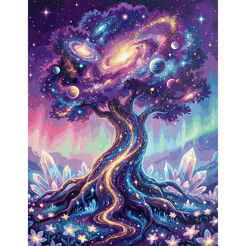 Magical tree with galaxies, planets, and starlight swirling in its branches, glowing trunk and crystal landscape below in paint by numbers style.