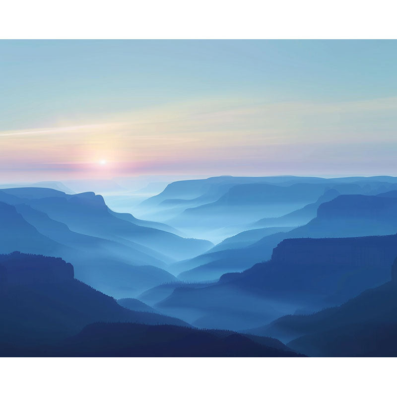 Mountain landscape with a colorful sky and sun