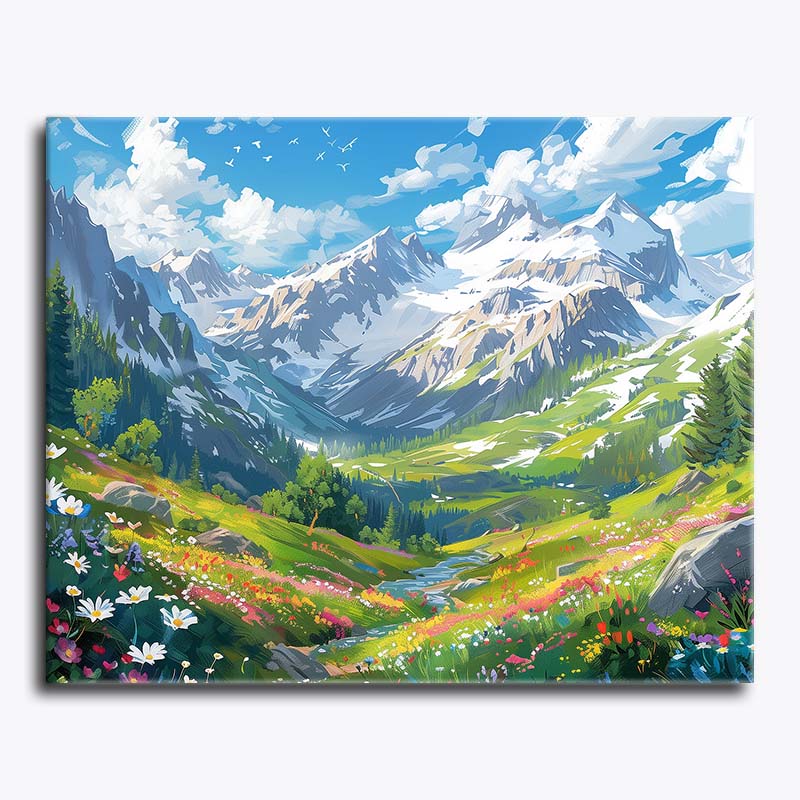 Canvas print of a mountain landscape with flowers and a blue sky.