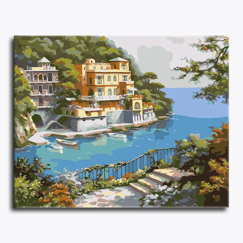 Painting of a coastal scene with houses and a body of water.