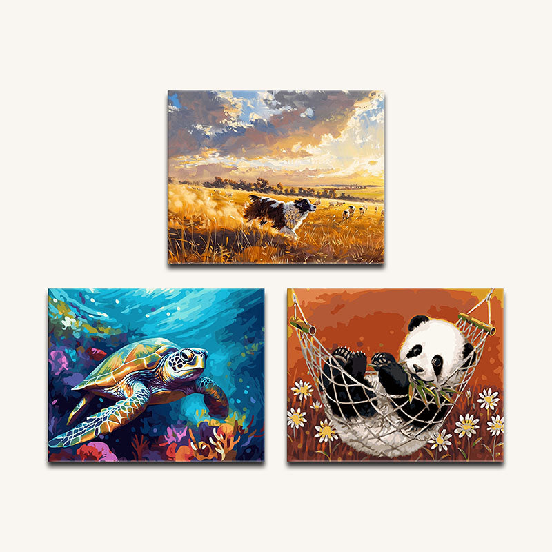 Three colorful paintings of a cow, turtle, and panda on a white background