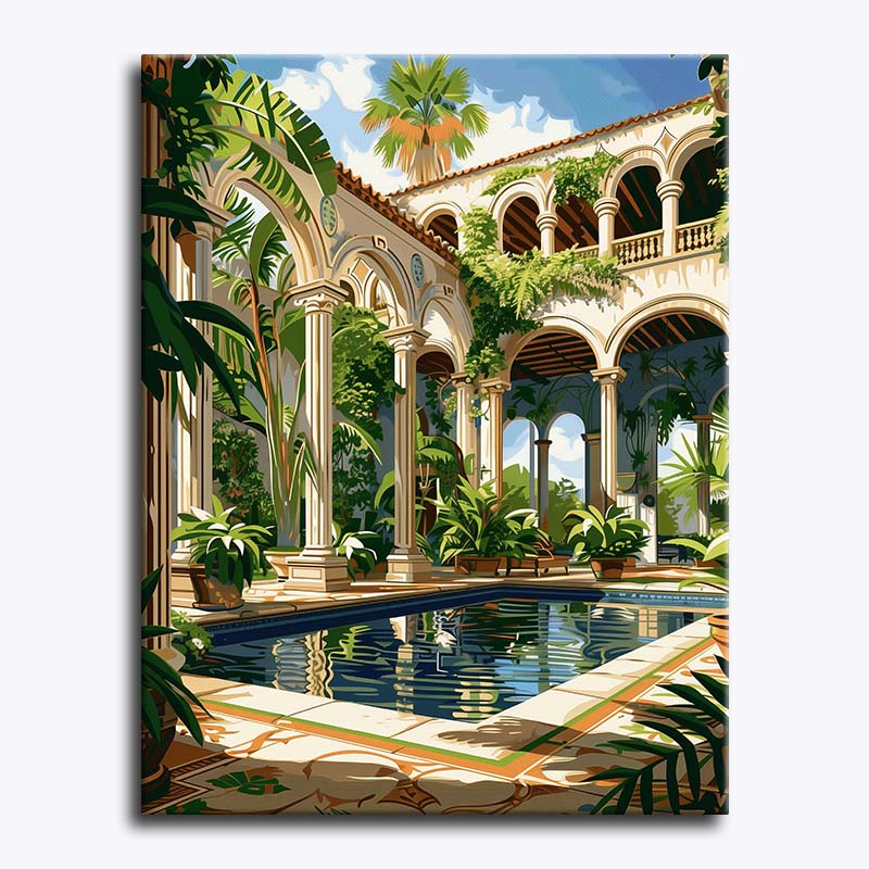 Decorative painting of a classical building with columns and a pool, surrounded by lush greenery.