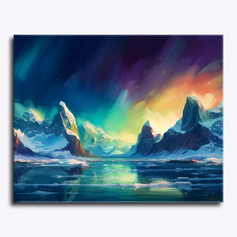 Framed artwork of a mountain landscape with colorful aurora lights