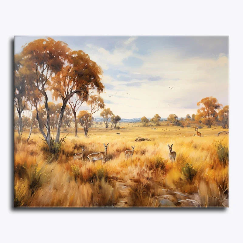 Painting of a landscape with trees, grass, and deer