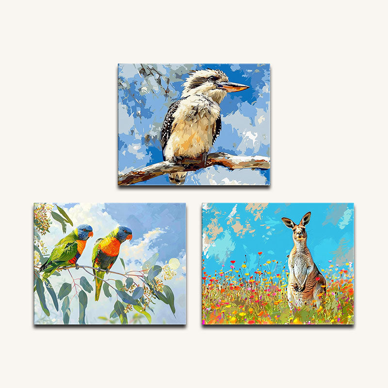 Set of three colorful animal-themed paintings on a white background