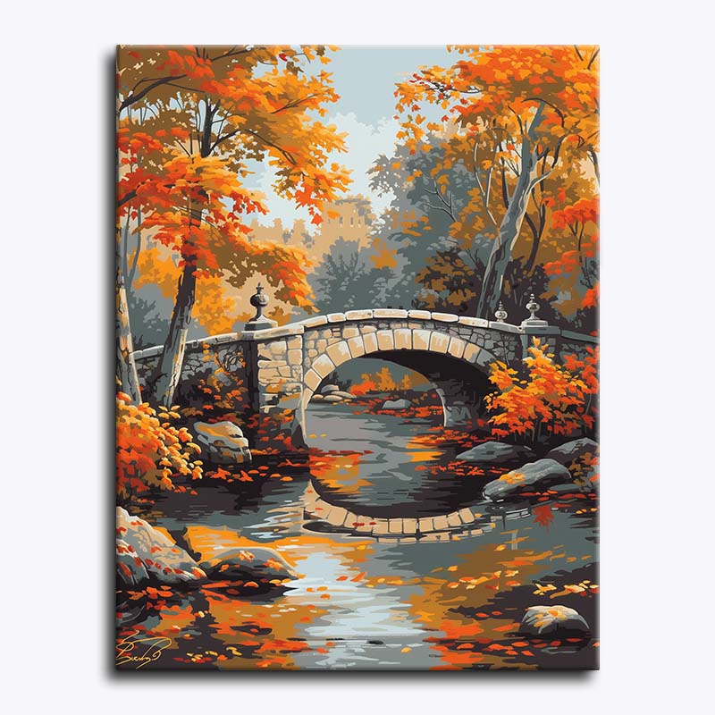 Painting of a stone bridge over a stream with autumn trees on either side.