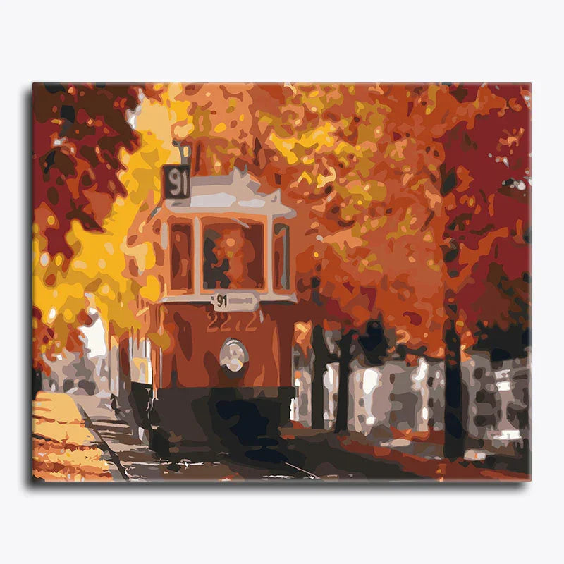 Painting of a red trolley on tracks with autumn trees in the background