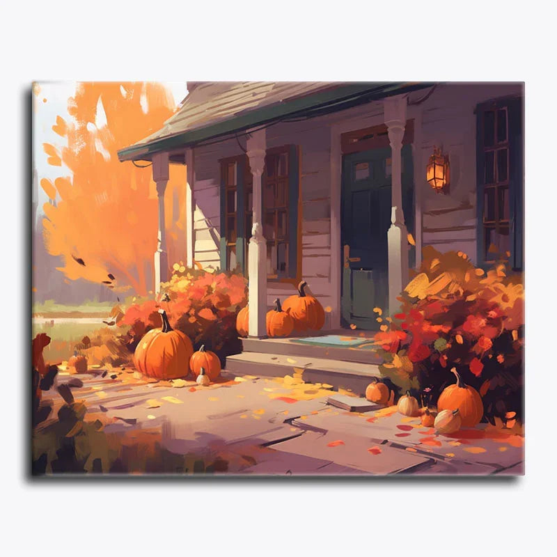 Autumn scene with pumpkins on a porch