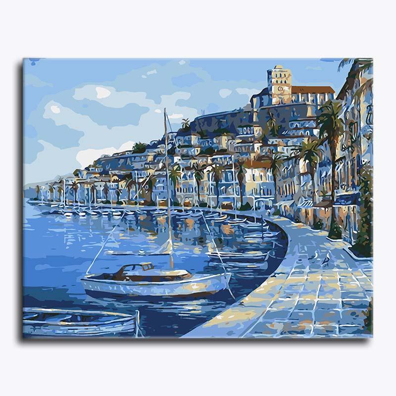 Painting of a coastal scene with boats and buildings.