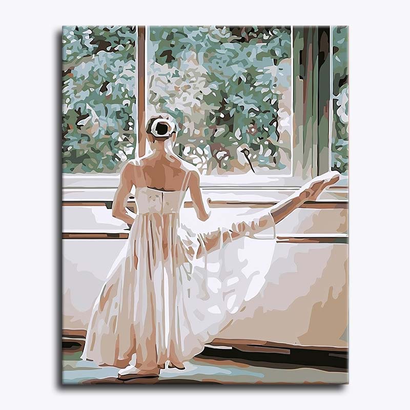 Painting of a ballerina in a white dress practicing ballet in a studio with large windows.