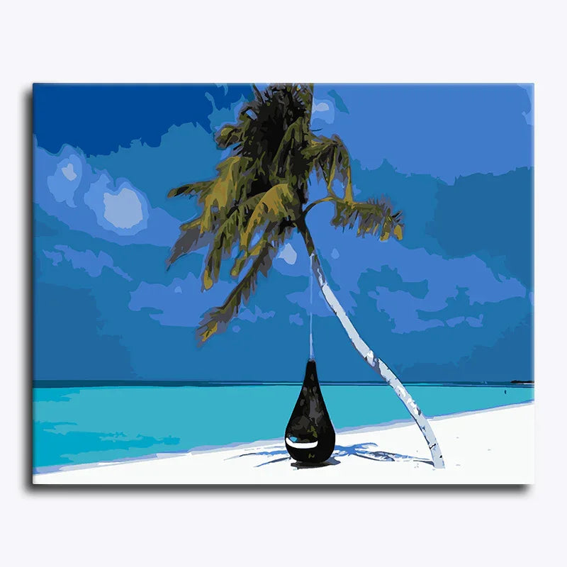 Painting of a palm tree with a black object hanging from it against a blue sky and ocean.