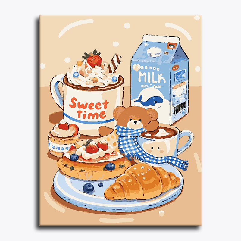 Illustration of a teddy bear with a milk carton, coffee, cake, and croissant on a beige background.