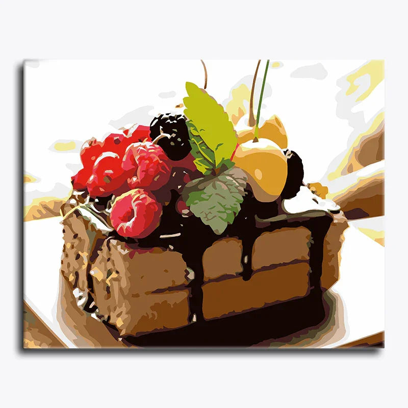 Decorative wall art of a cake with berries on a white background
