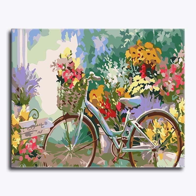 Painting of a bicycle in a garden with colorful flowers
