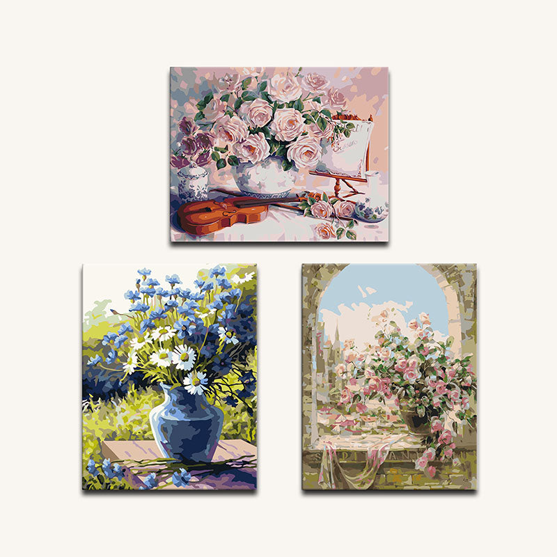 Three floral paintings on a white background