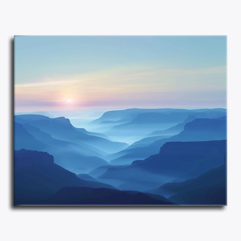 Paint by numbers of Blue Mountains sunrise with soft mist, blue ridges, and a glowing horizon