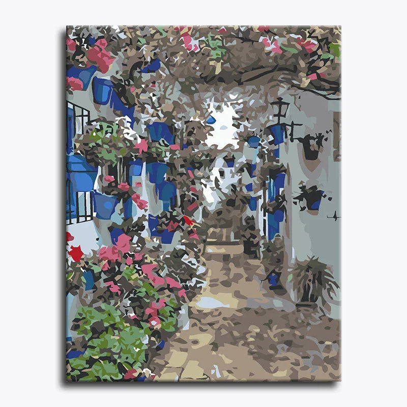 Artistic depiction of a street scene with flowers and architectural elements