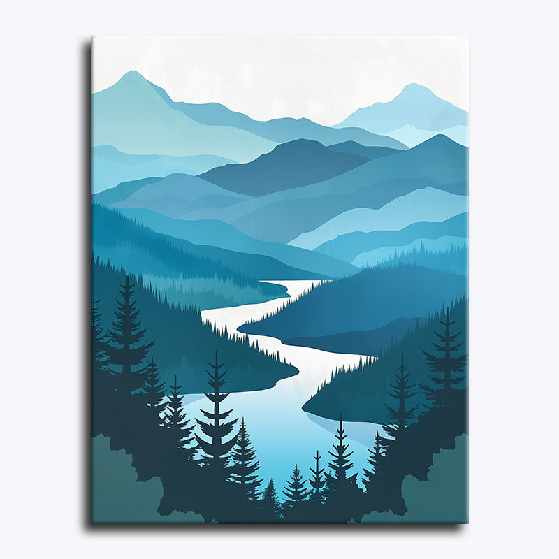 Canvas print of a mountain landscape with trees and a river.