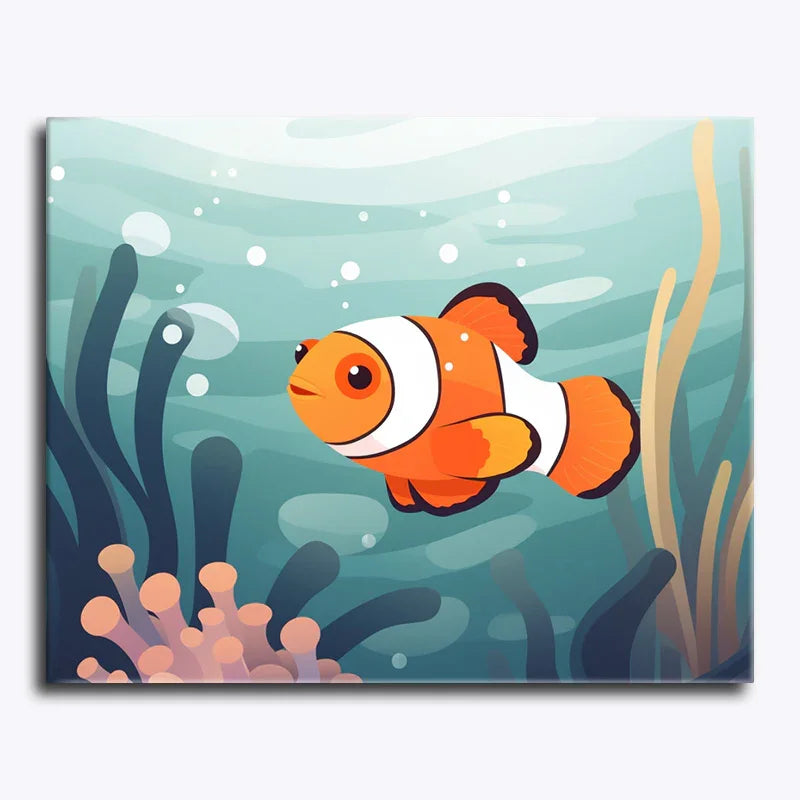 Cartoon clownfish swimming in an underwater scene with plants and bubbles.