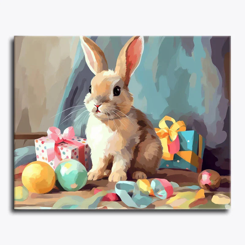 Painting of a rabbit with Easter eggs and gifts on a textured background