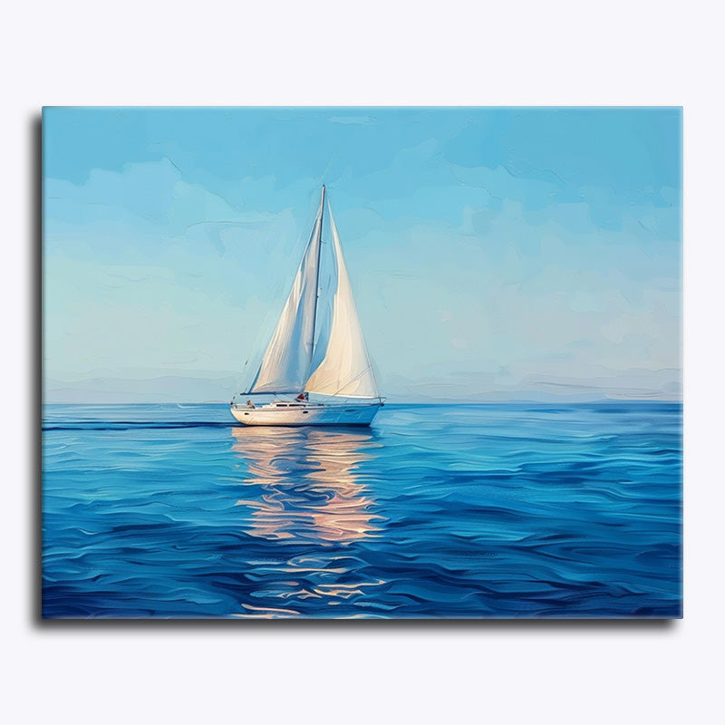 Single white sailboat gliding across calm ocean with soft reflections, in paint by numbers style.