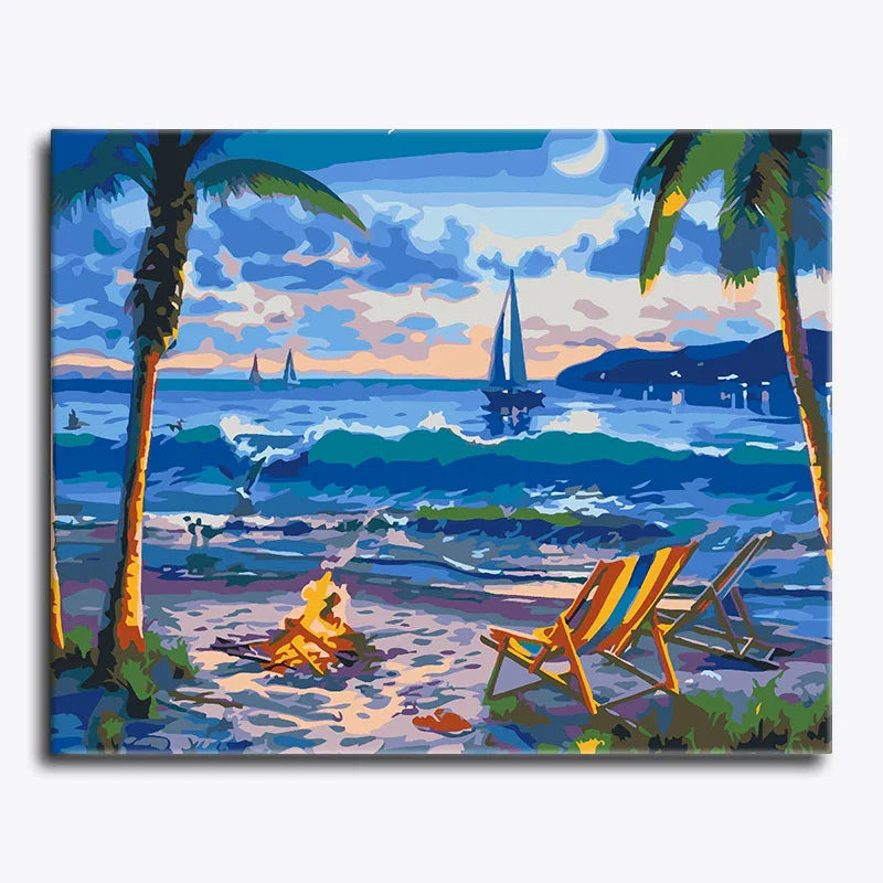 Colorful beach scene with lounge chairs, campfire, and sailboats in the ocean.