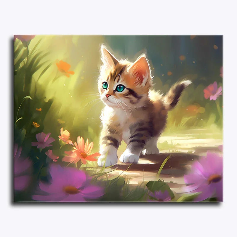 Illustration of a kitten walking on a log with flowers and butterflies in the background