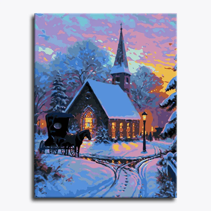 Painting of a snowy village scene with a church and horse-drawn carriage.