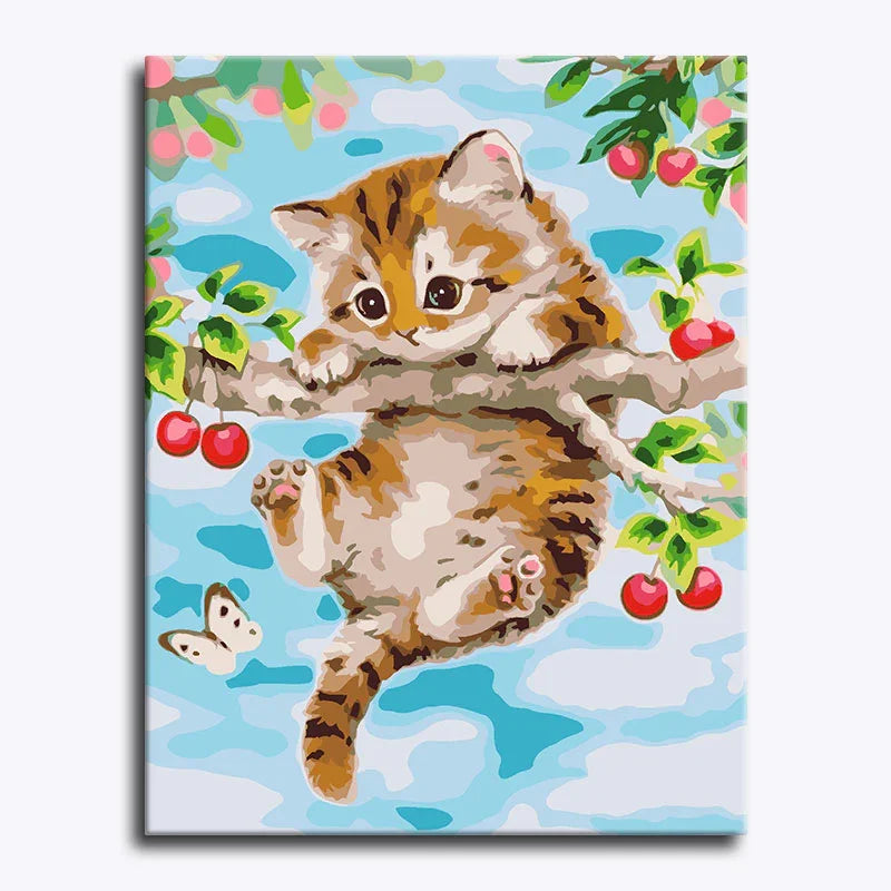 Painting of a kitten on a branch with cherries against a blue sky background