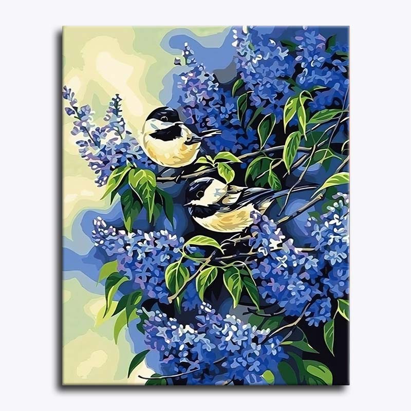 Painting of two birds perched on a branch with blue flowers