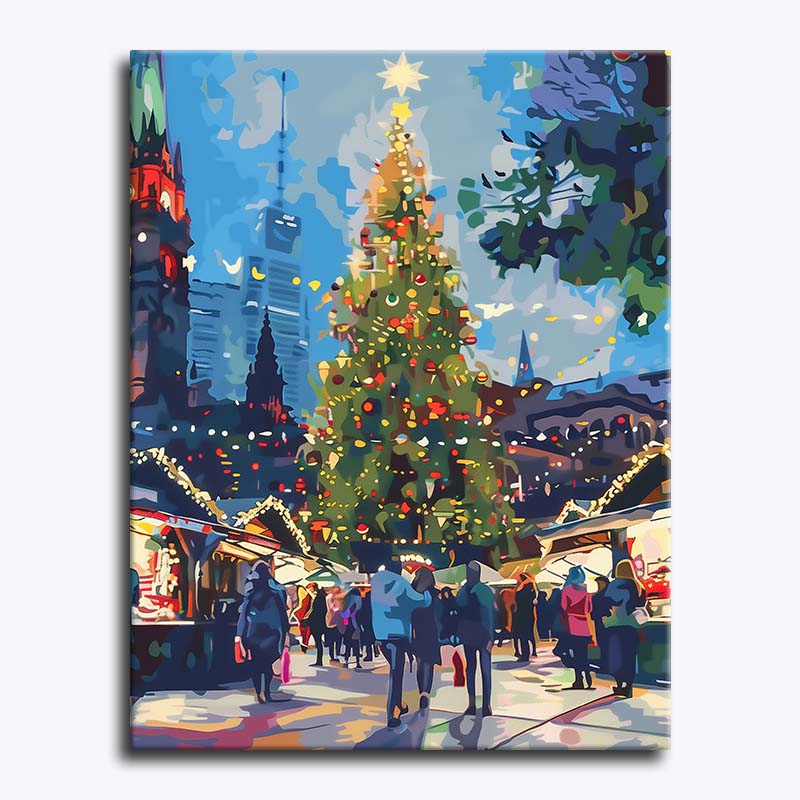 Colorful painting of a Christmas market with a large decorated tree and people walking around.