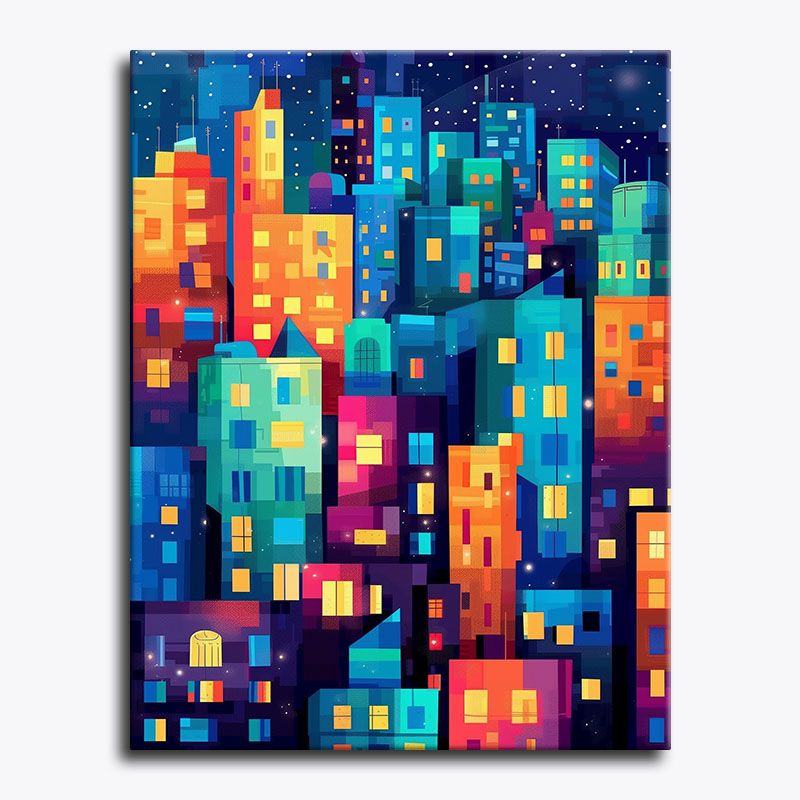 Colorful cityscape painting with geometric buildings against a dark blue night sky.