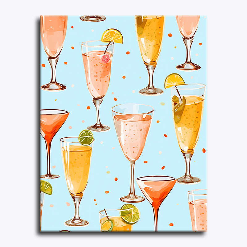Pattern of colorful cocktails with glasses and lime slices on a light blue background