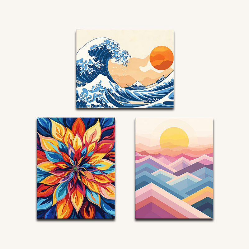 Three colorful abstract artworks on a white background