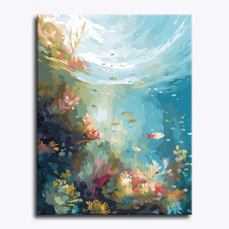 Colorful underwater scene with fish and coral on a white background