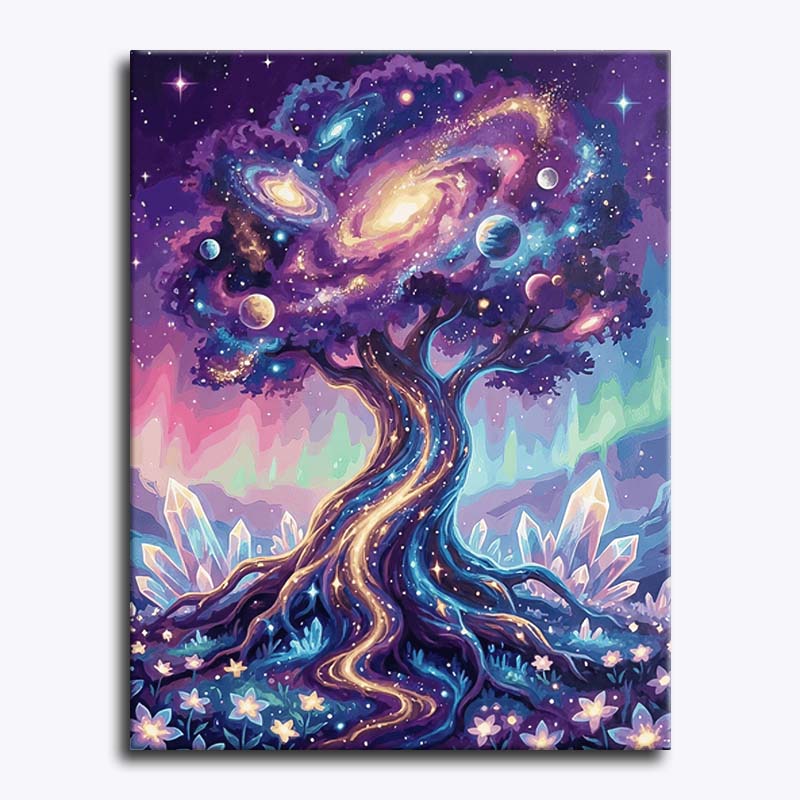Fantasy-style tree with galaxies and planets in its canopy, glowing trunk, and crystal landscape below.