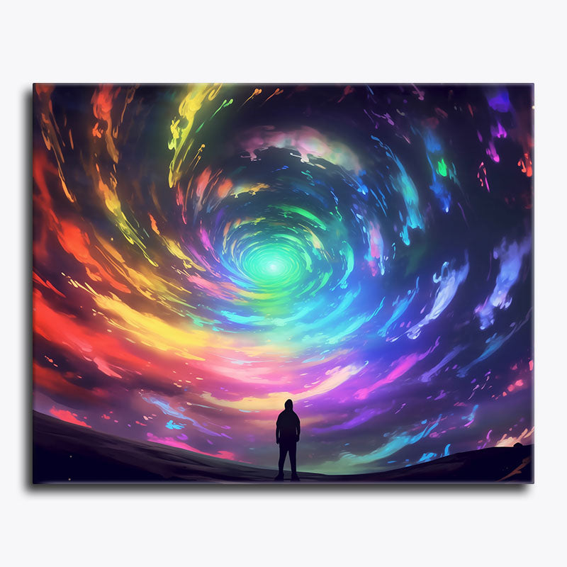 Person standing in front of a vibrant, swirling galaxy painting