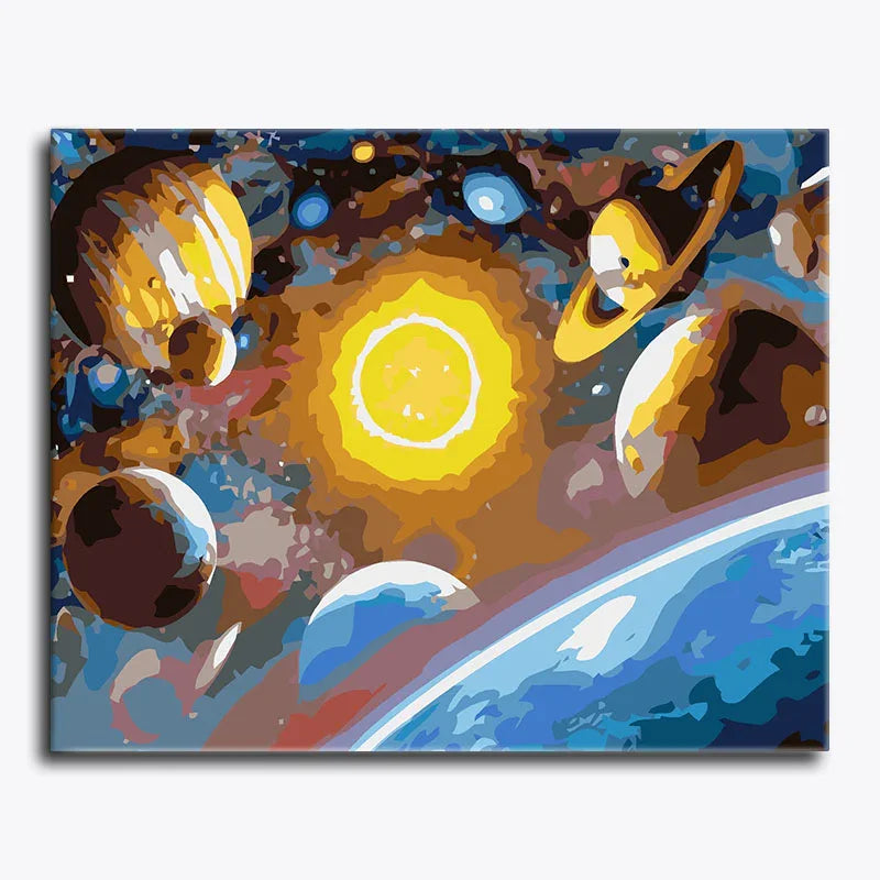 Colorful abstract painting of celestial bodies with a sun-like center.
