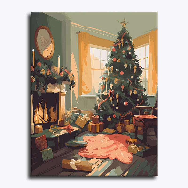 Cozy living room with a Christmas tree and presents, decorated for the holiday season.