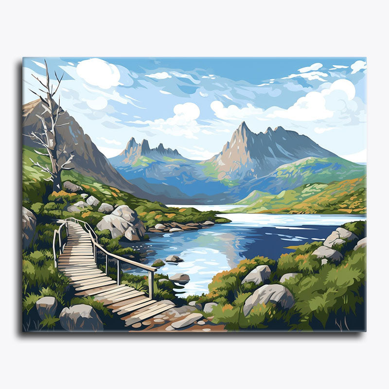 Painting of a mountain landscape with a wooden path leading to a lake.