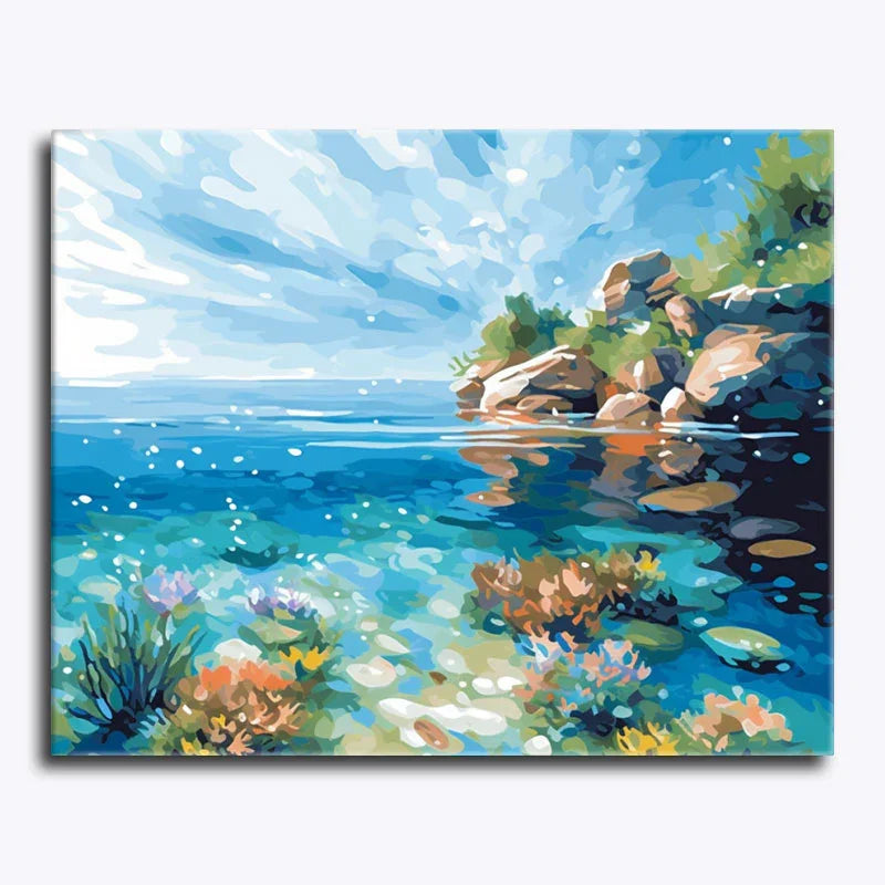 Canvas print of a coastal scene with rocks, water, and sunlight
