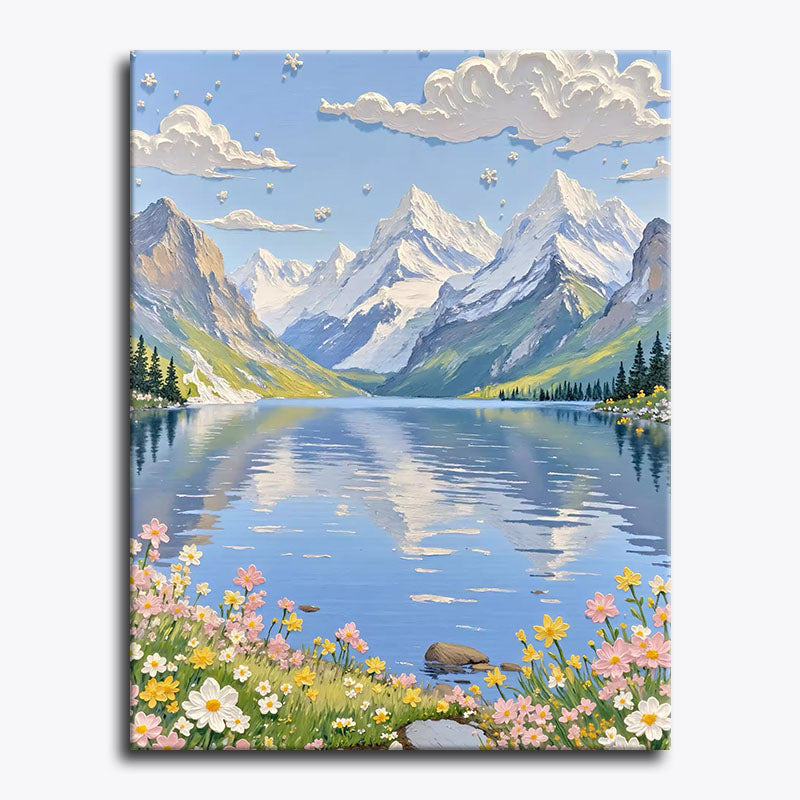Canvas print of a mountain landscape with a lake and flowers.