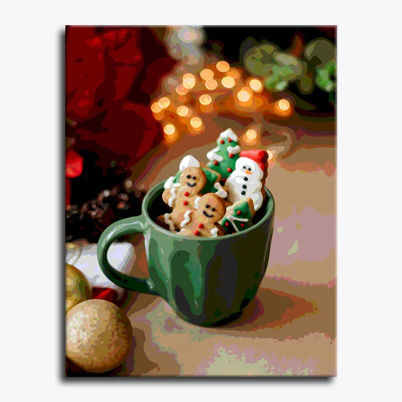Green mug with Christmas-themed cookies against a festive background