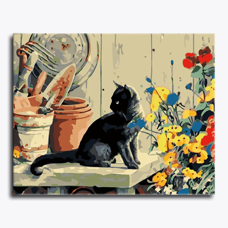 Painting of a black cat sitting on a windowsill with flowers and gardening tools.