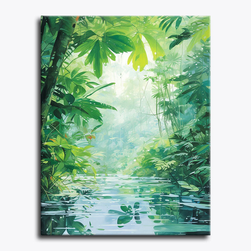 Canvas print of a lush green forest with a stream, suitable for home decor.